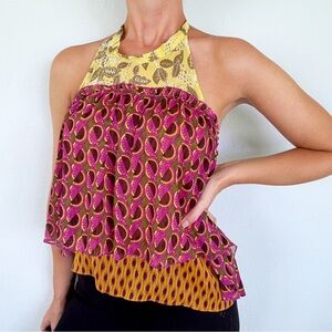 ZARA pink yellow mixed pattern layered high low backless halter top size XS